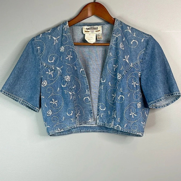 Y2K 90s Vintage Sketches Embroidered Denim Jacket Bolero Crop Blue Light Wash 4 - Picture 8 of 8